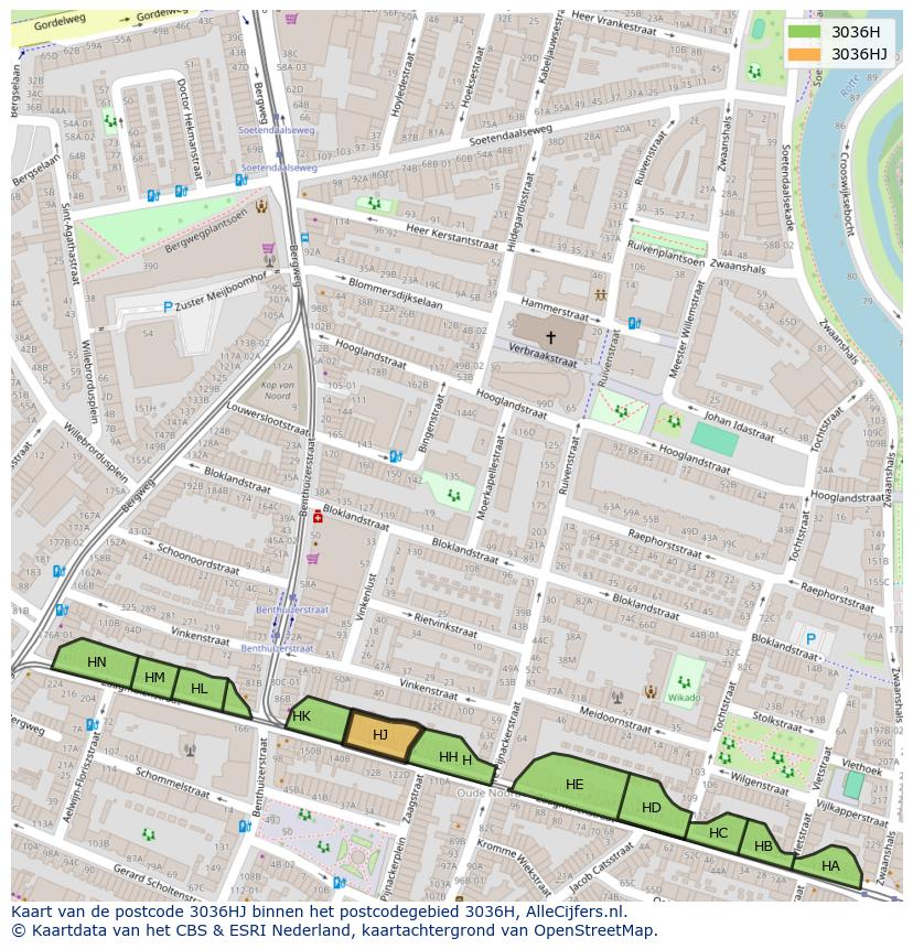 Afbeelding van het postcodegebied 3036 HJ op de kaart.