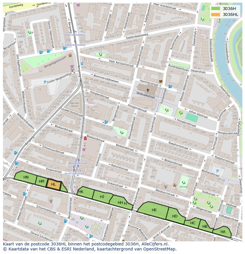 Afbeelding van het postcodegebied 3036 HL op de kaart.