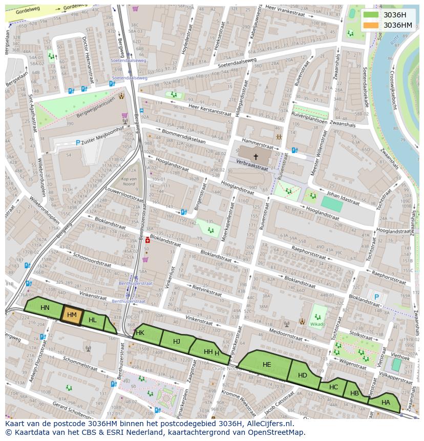 Afbeelding van het postcodegebied 3036 HM op de kaart.