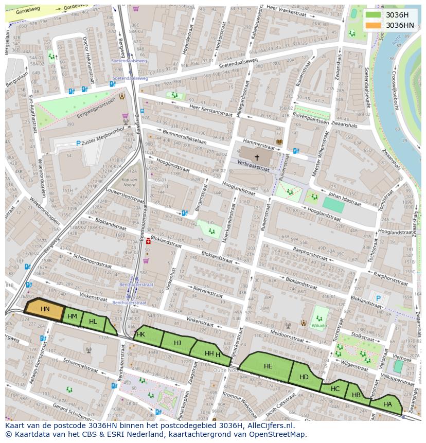 Afbeelding van het postcodegebied 3036 HN op de kaart.