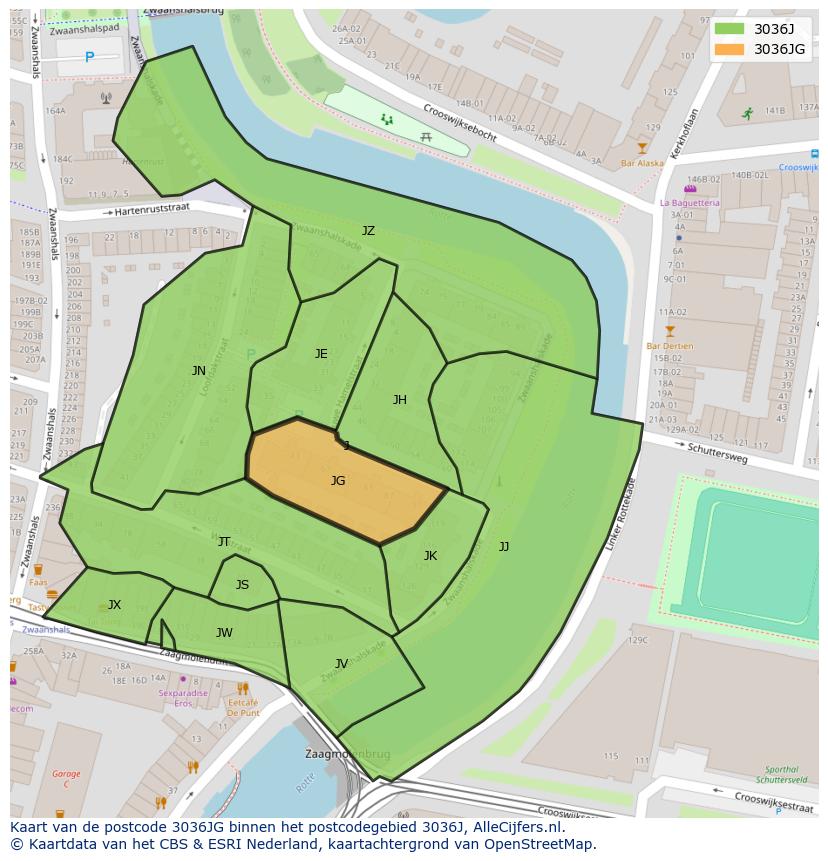 Afbeelding van het postcodegebied 3036 JG op de kaart.