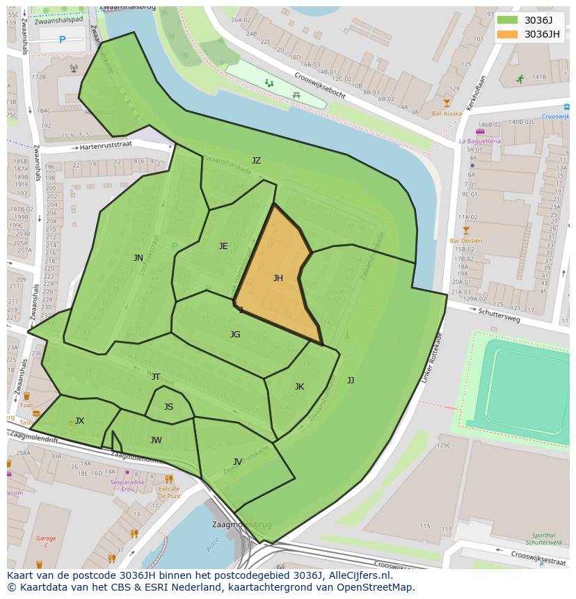 Afbeelding van het postcodegebied 3036 JH op de kaart.