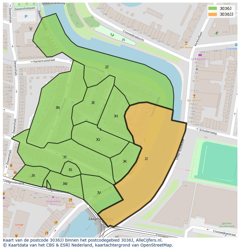 Afbeelding van het postcodegebied 3036 JJ op de kaart.