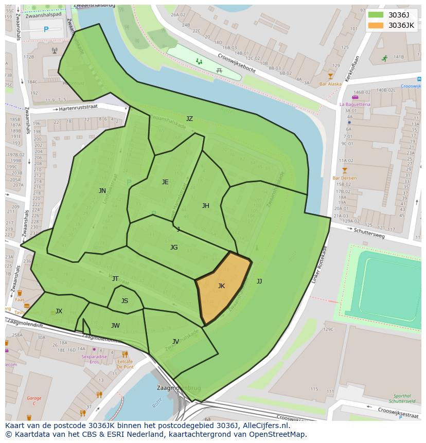 Afbeelding van het postcodegebied 3036 JK op de kaart.