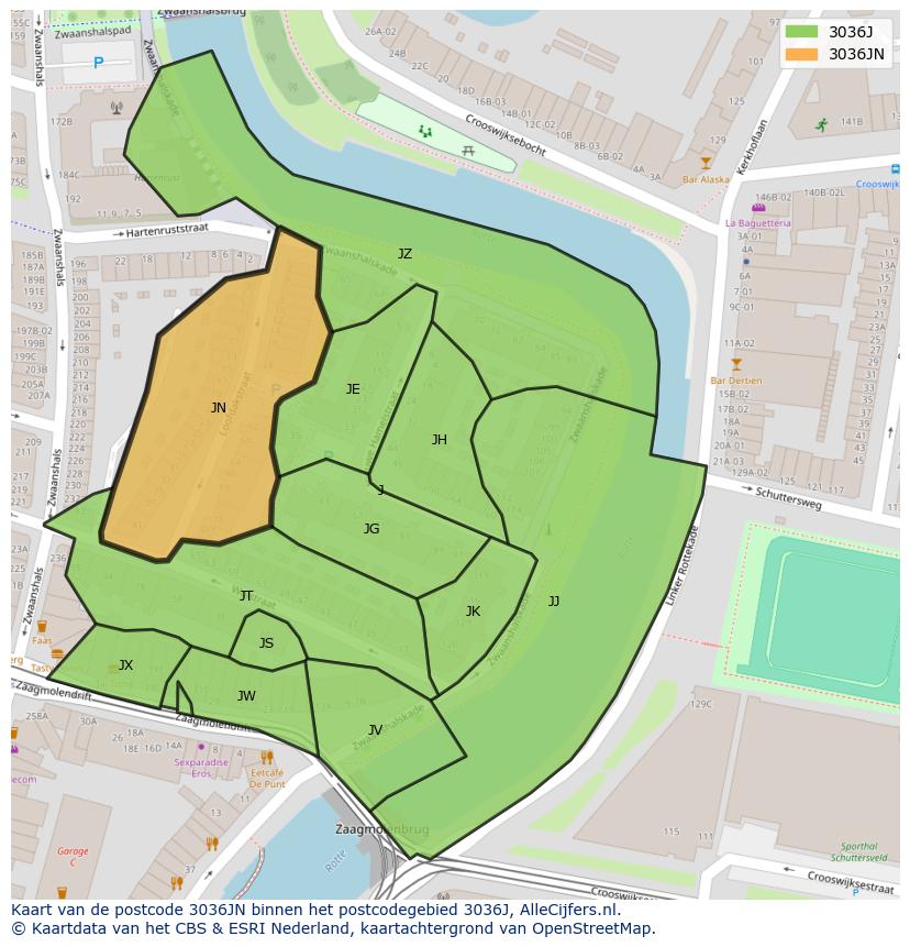 Afbeelding van het postcodegebied 3036 JN op de kaart.