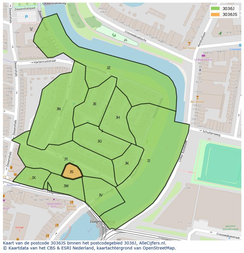 Afbeelding van het postcodegebied 3036 JS op de kaart.