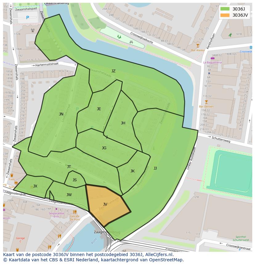 Afbeelding van het postcodegebied 3036 JV op de kaart.
