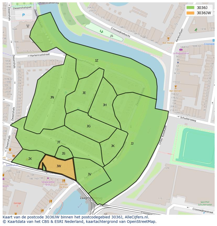 Afbeelding van het postcodegebied 3036 JW op de kaart.