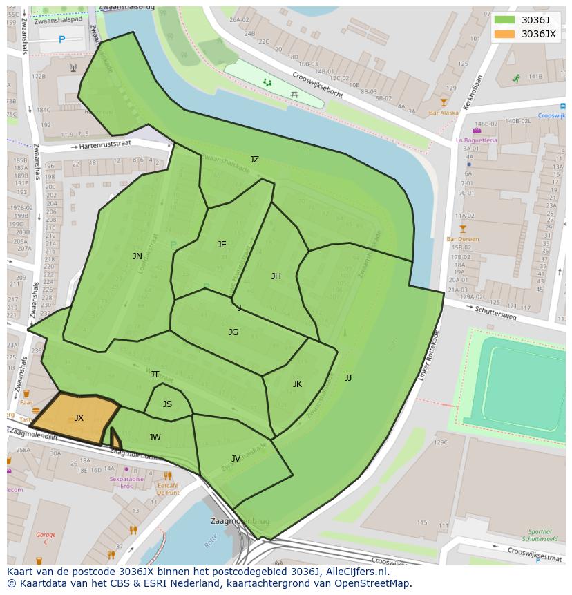 Afbeelding van het postcodegebied 3036 JX op de kaart.