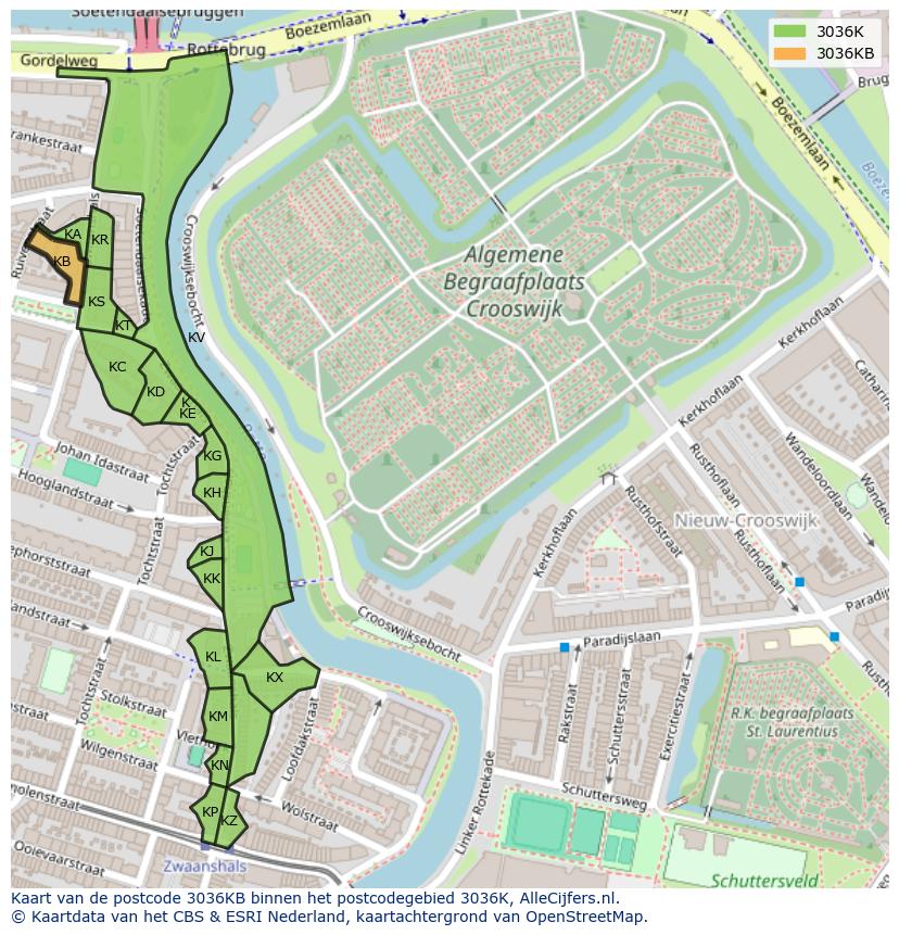 Afbeelding van het postcodegebied 3036 KB op de kaart.