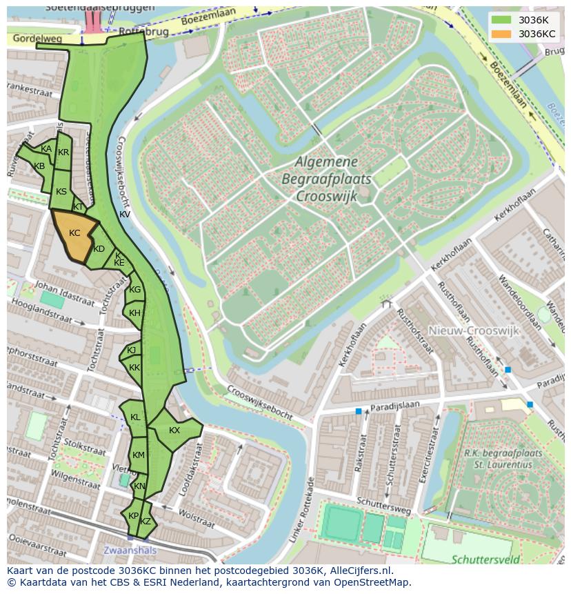 Afbeelding van het postcodegebied 3036 KC op de kaart.