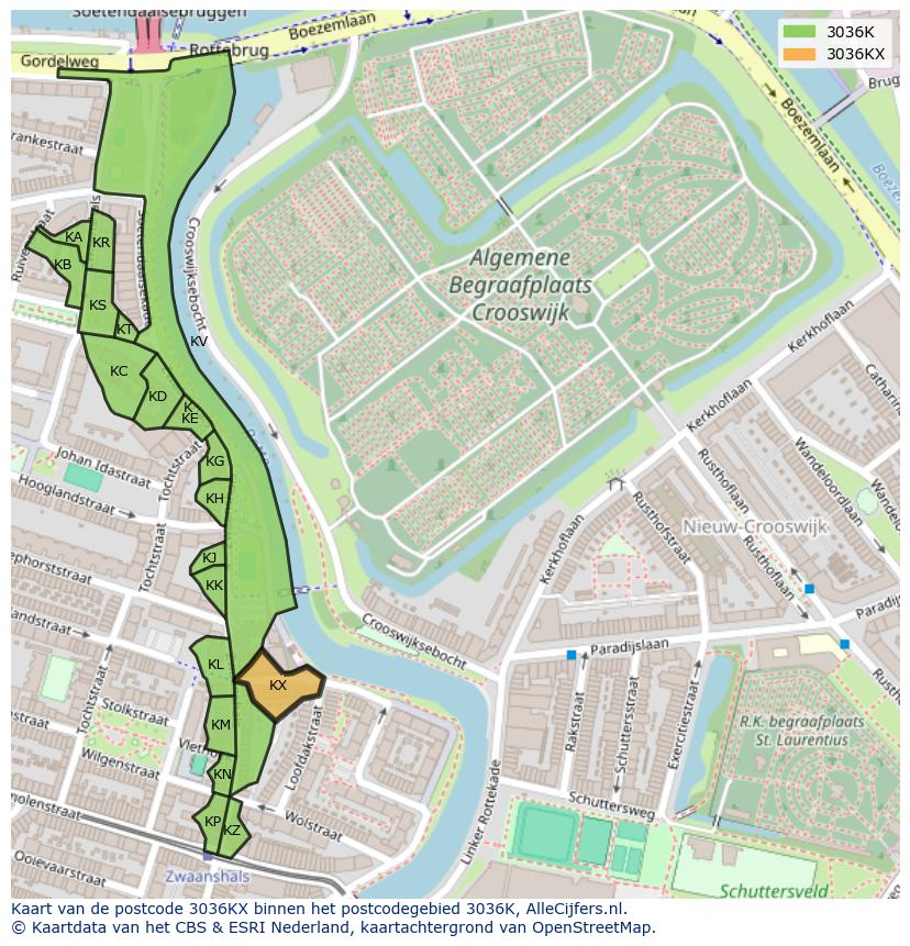 Afbeelding van het postcodegebied 3036 KX op de kaart.
