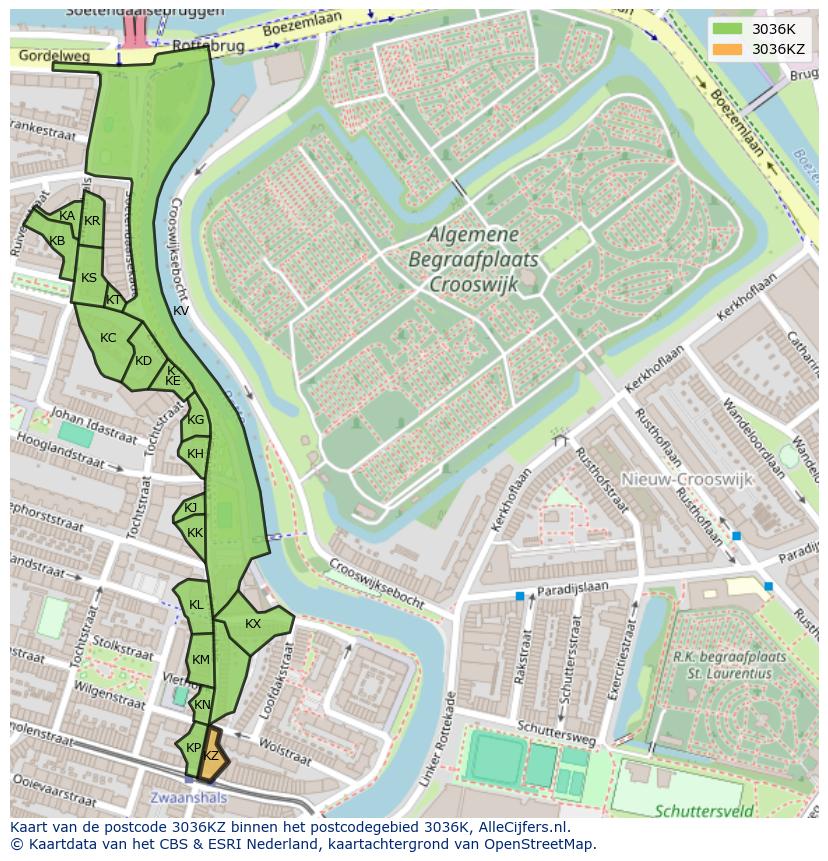 Afbeelding van het postcodegebied 3036 KZ op de kaart.