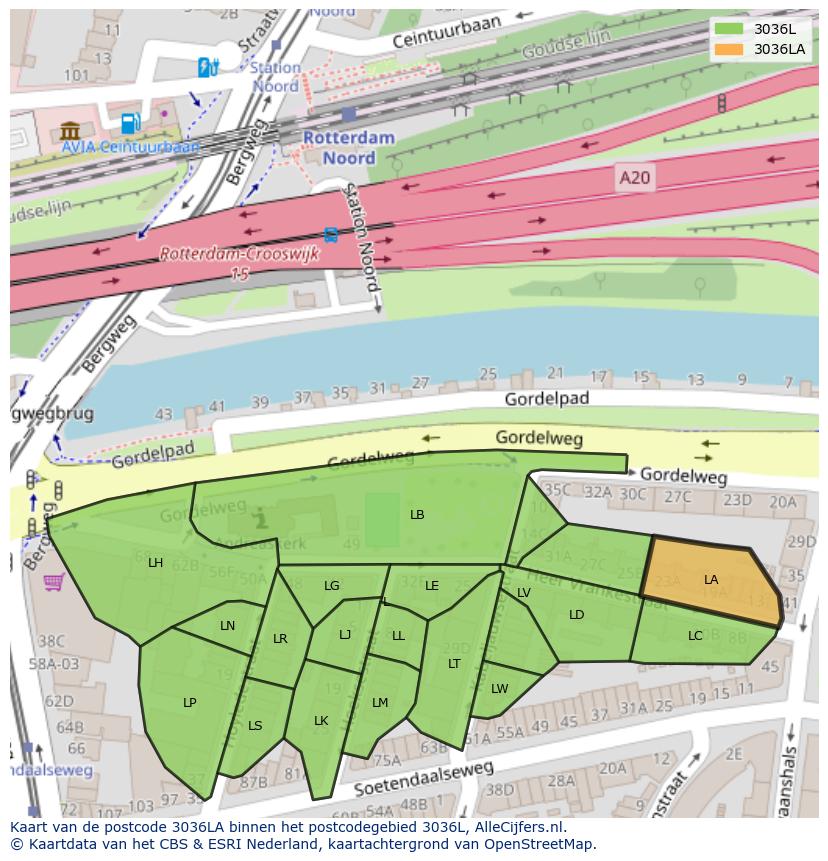 Afbeelding van het postcodegebied 3036 LA op de kaart.