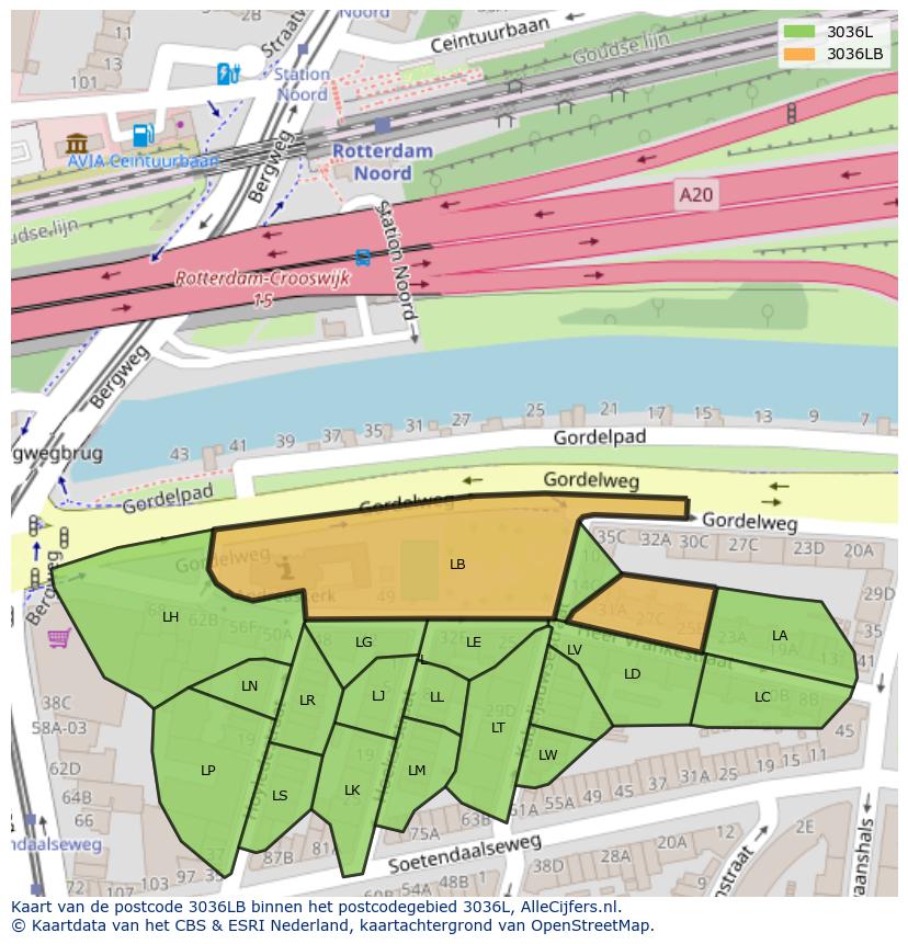 Afbeelding van het postcodegebied 3036 LB op de kaart.
