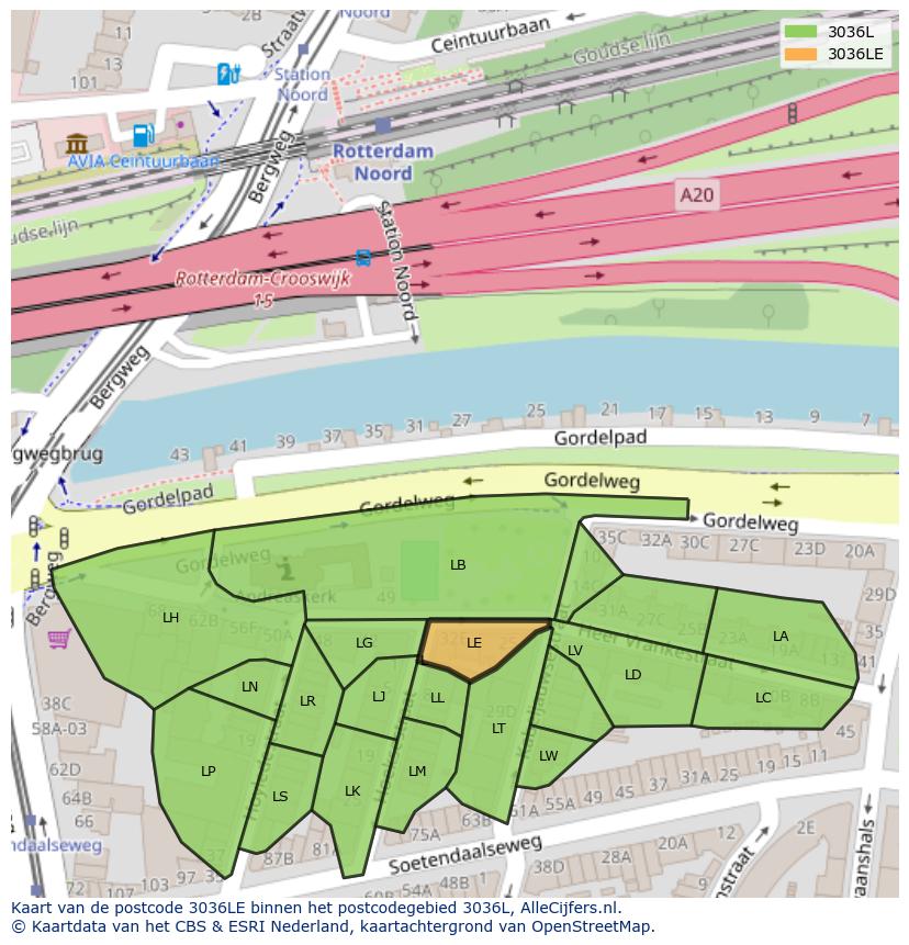 Afbeelding van het postcodegebied 3036 LE op de kaart.