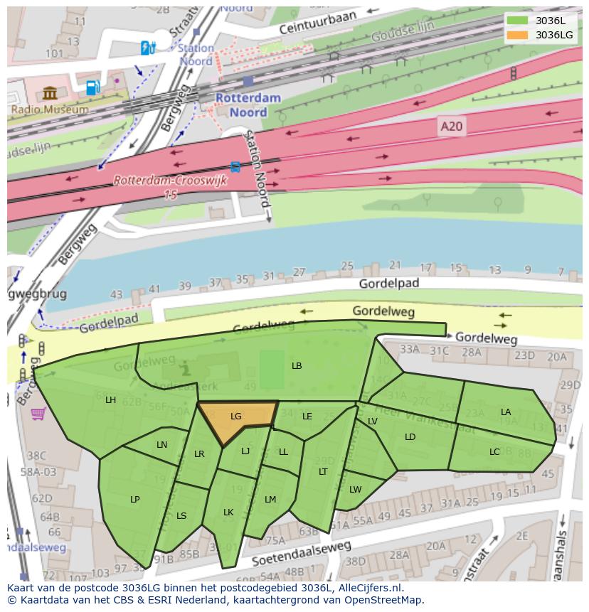 Afbeelding van het postcodegebied 3036 LG op de kaart.