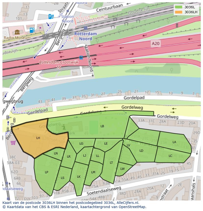 Afbeelding van het postcodegebied 3036 LH op de kaart.