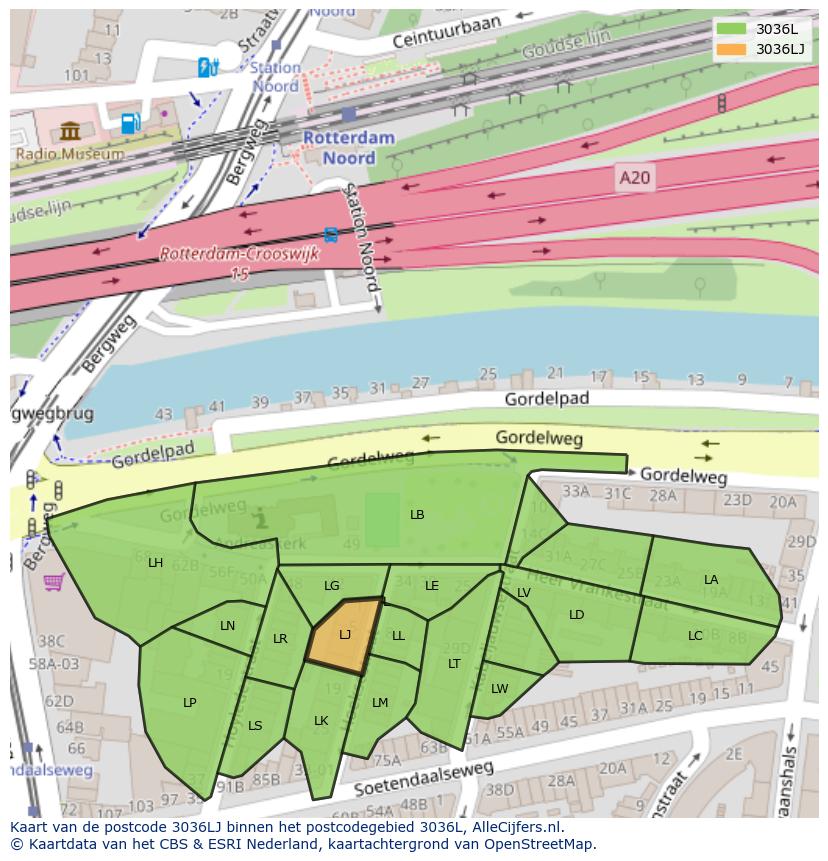 Afbeelding van het postcodegebied 3036 LJ op de kaart.
