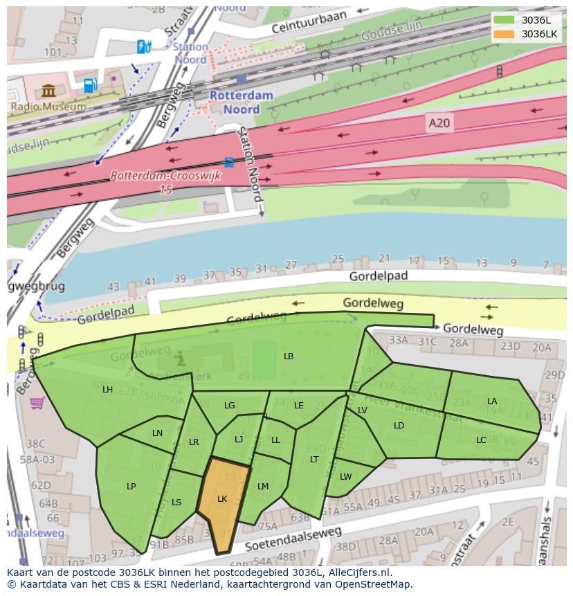 Afbeelding van het postcodegebied 3036 LK op de kaart.