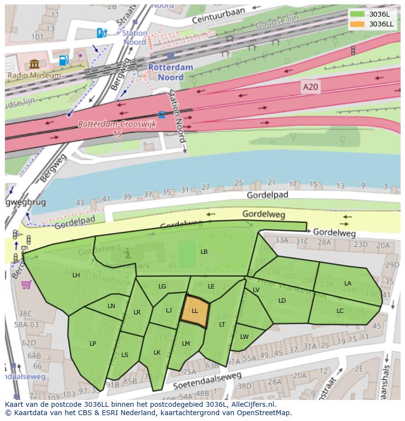 Afbeelding van het postcodegebied 3036 LL op de kaart.