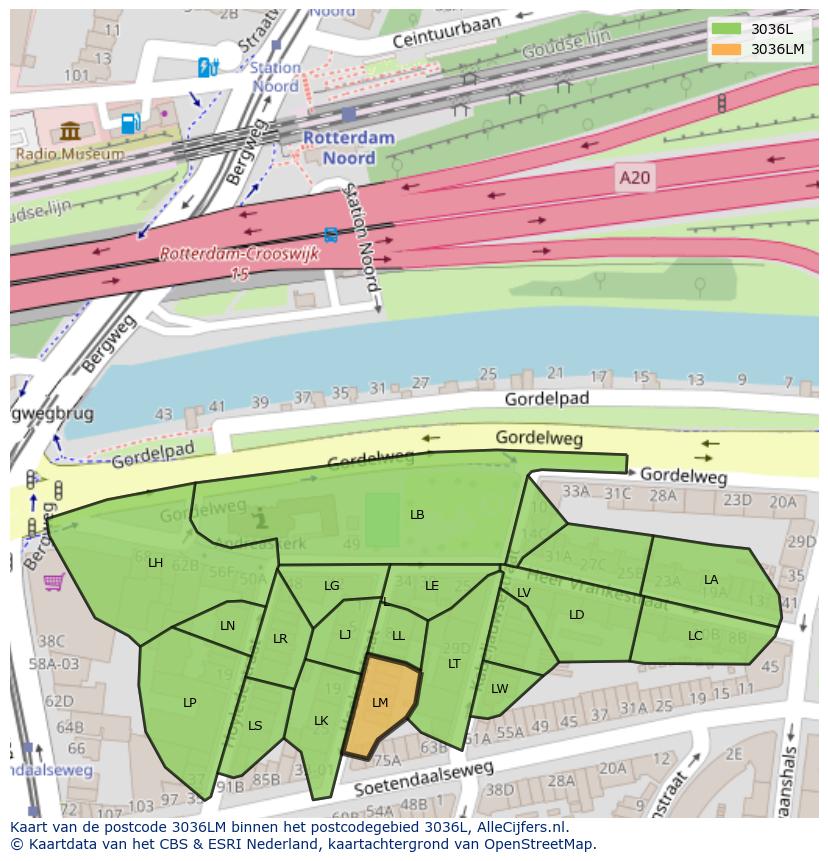 Afbeelding van het postcodegebied 3036 LM op de kaart.