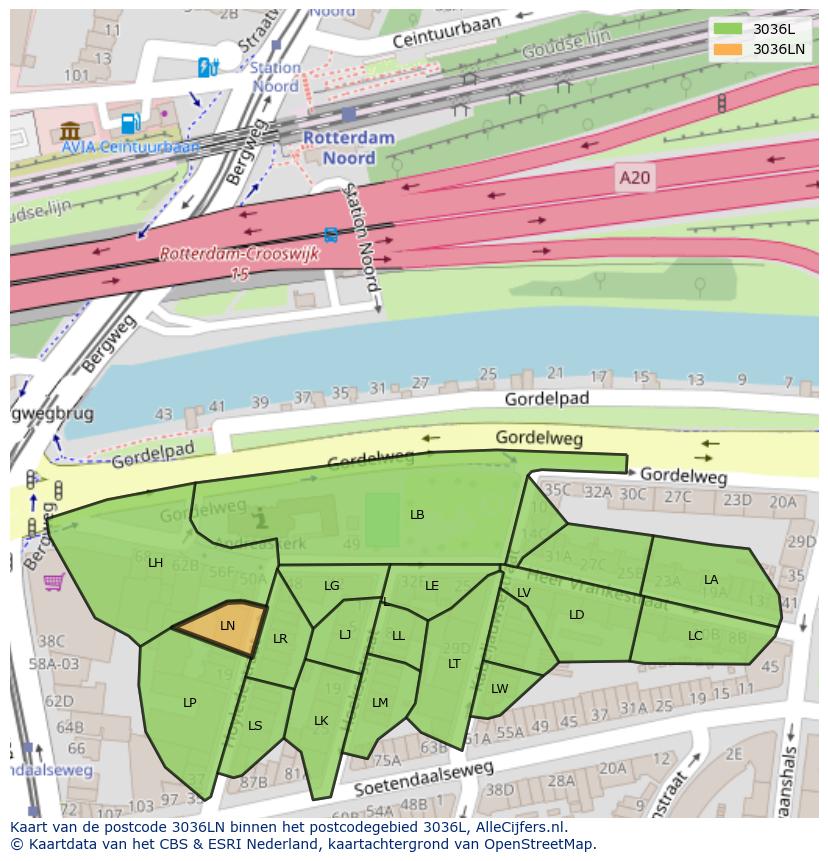 Afbeelding van het postcodegebied 3036 LN op de kaart.
