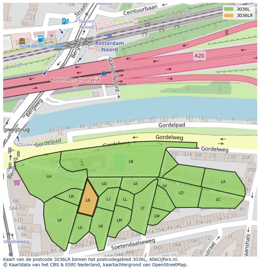 Afbeelding van het postcodegebied 3036 LR op de kaart.
