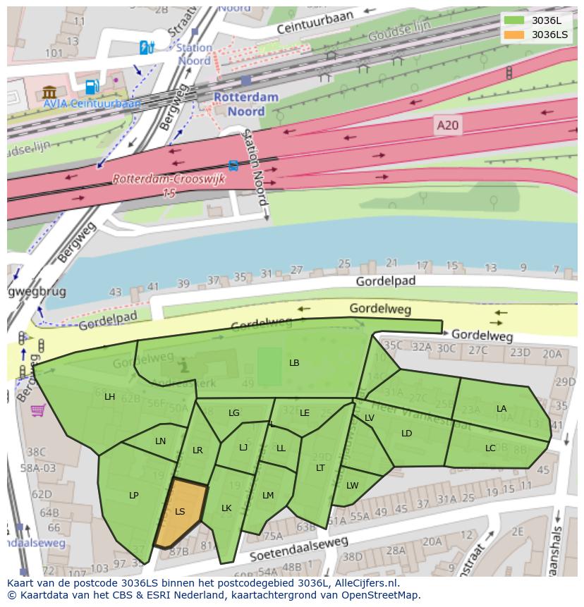 Afbeelding van het postcodegebied 3036 LS op de kaart.
