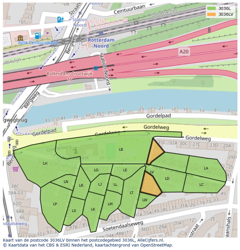 Afbeelding van het postcodegebied 3036 LV op de kaart.