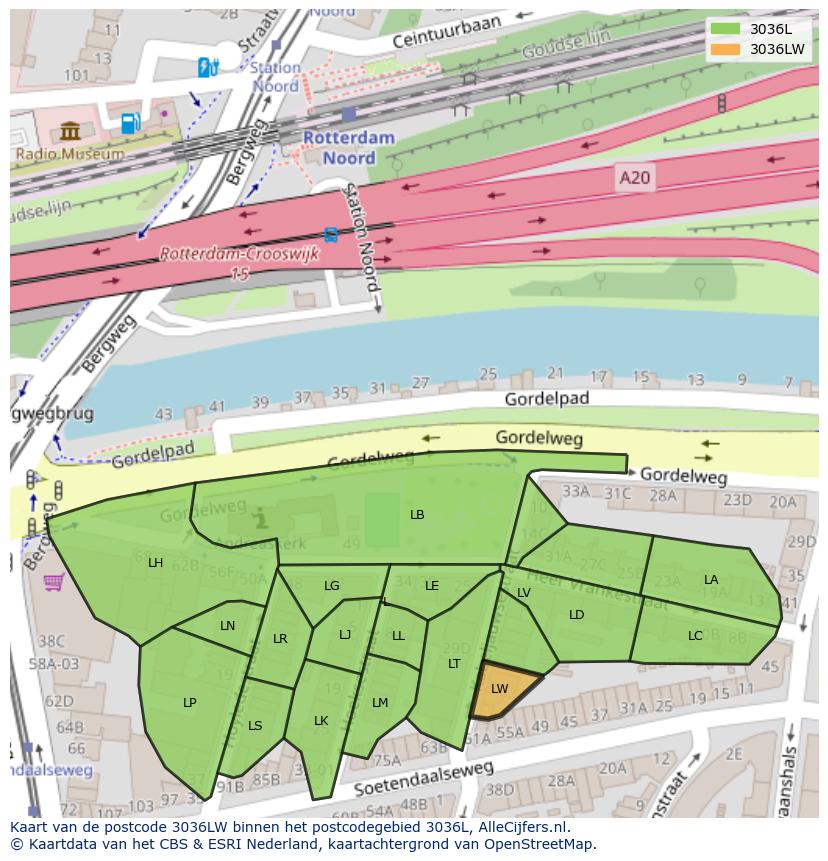 Afbeelding van het postcodegebied 3036 LW op de kaart.