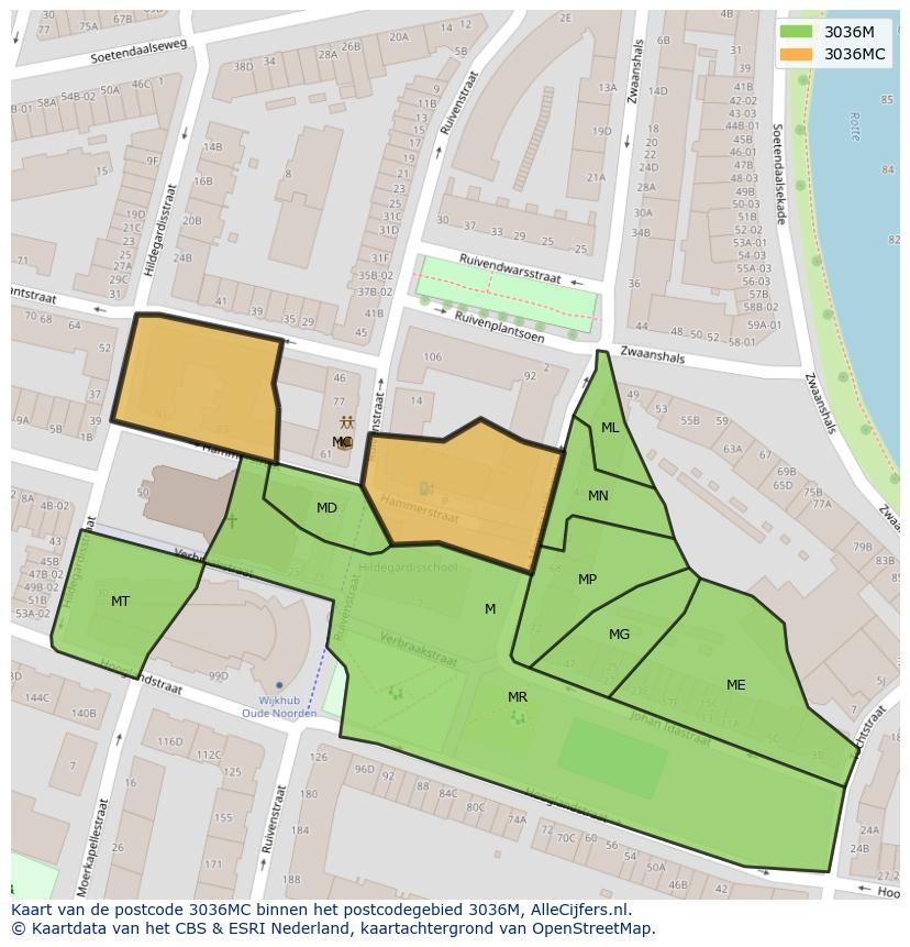 Afbeelding van het postcodegebied 3036 MC op de kaart.