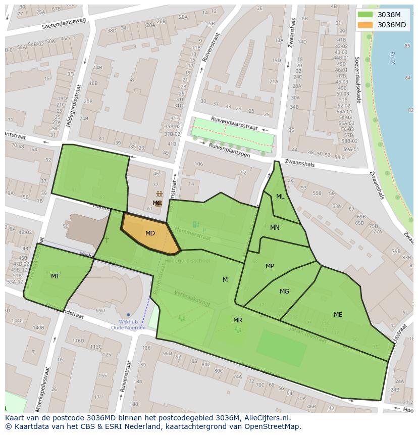 Afbeelding van het postcodegebied 3036 MD op de kaart.