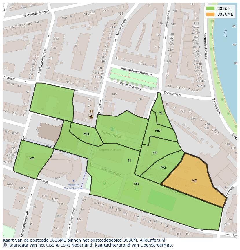 Afbeelding van het postcodegebied 3036 ME op de kaart.