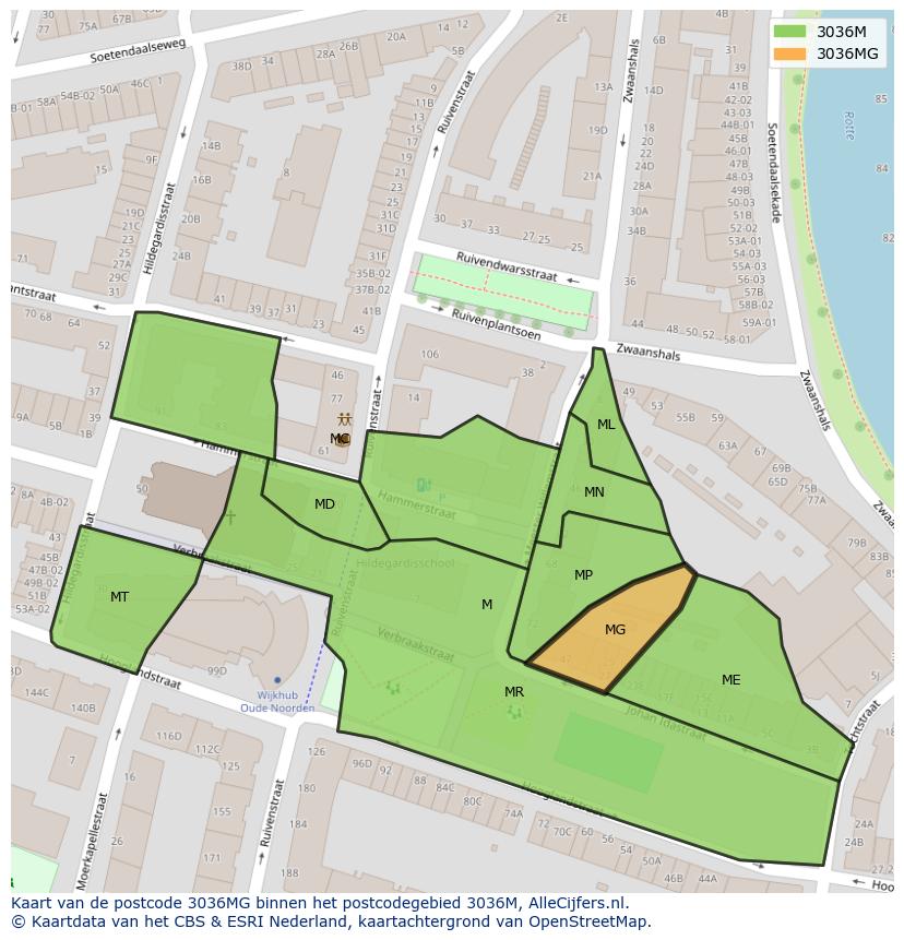 Afbeelding van het postcodegebied 3036 MG op de kaart.