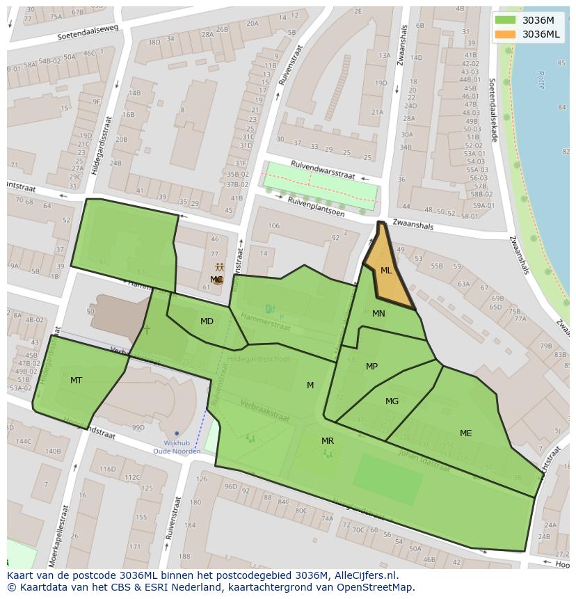Afbeelding van het postcodegebied 3036 ML op de kaart.