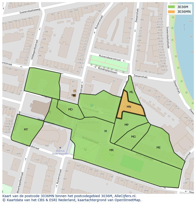 Afbeelding van het postcodegebied 3036 MN op de kaart.