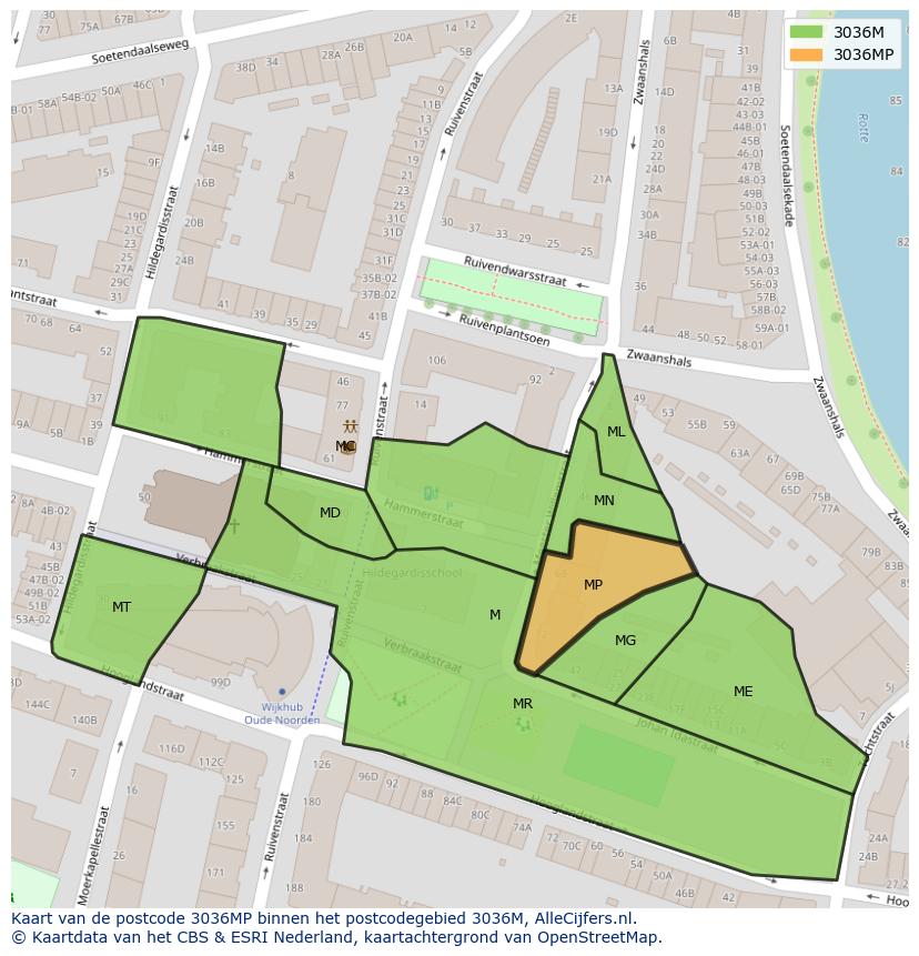 Afbeelding van het postcodegebied 3036 MP op de kaart.