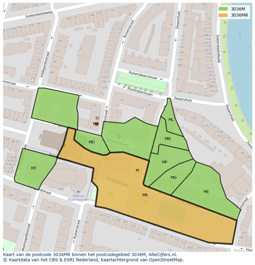 Afbeelding van het postcodegebied 3036 MR op de kaart.