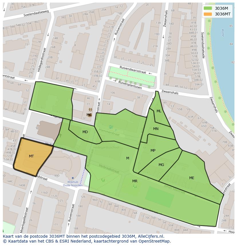 Afbeelding van het postcodegebied 3036 MT op de kaart.