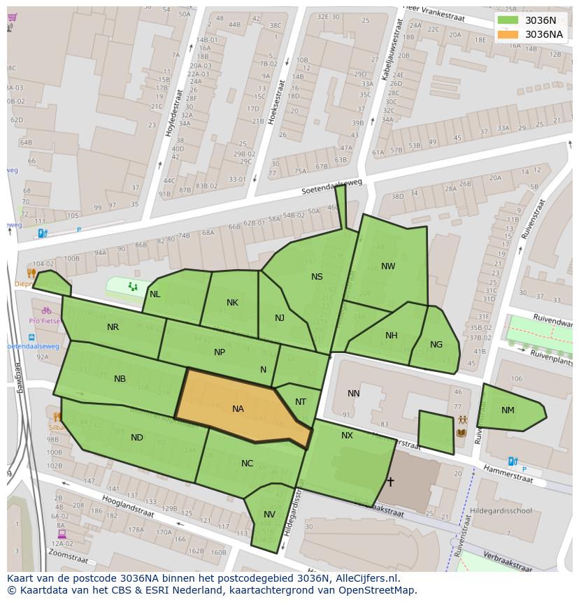 Afbeelding van het postcodegebied 3036 NA op de kaart.