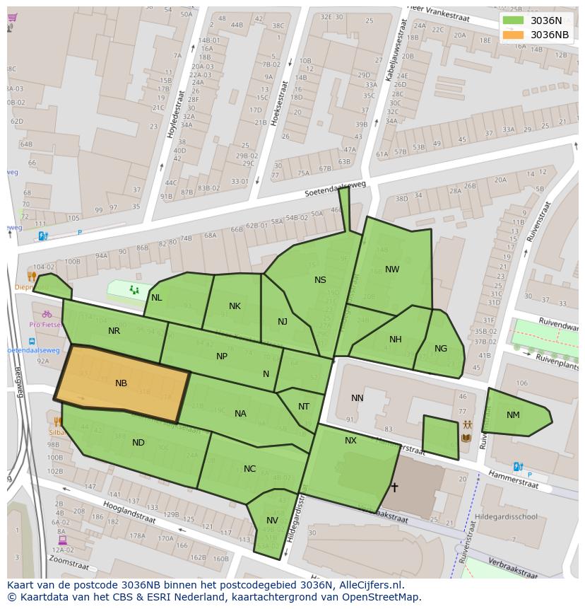 Afbeelding van het postcodegebied 3036 NB op de kaart.