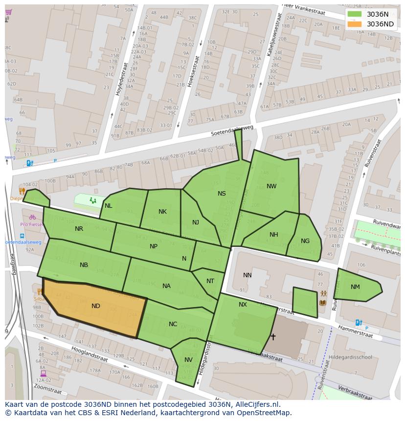 Afbeelding van het postcodegebied 3036 ND op de kaart.