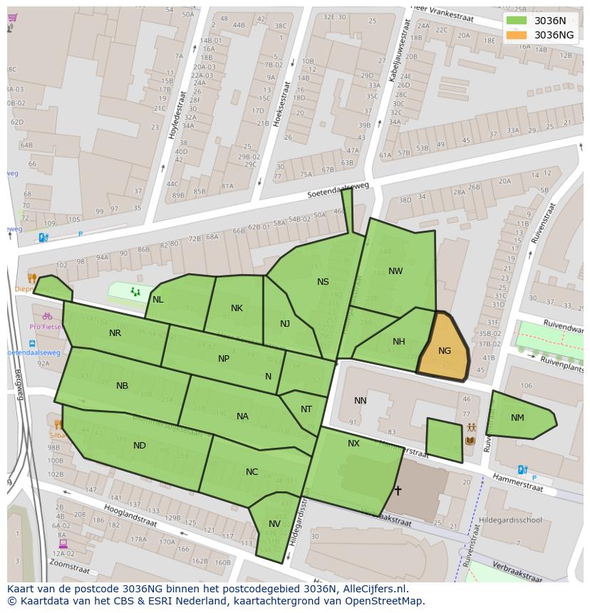 Afbeelding van het postcodegebied 3036 NG op de kaart.