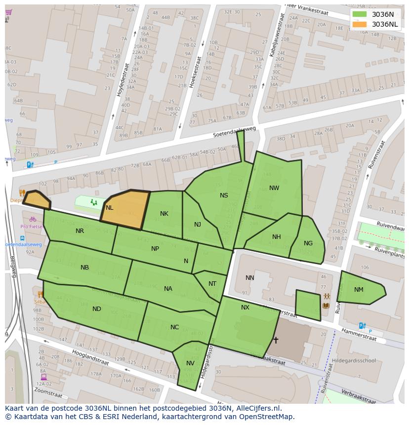Afbeelding van het postcodegebied 3036 NL op de kaart.
