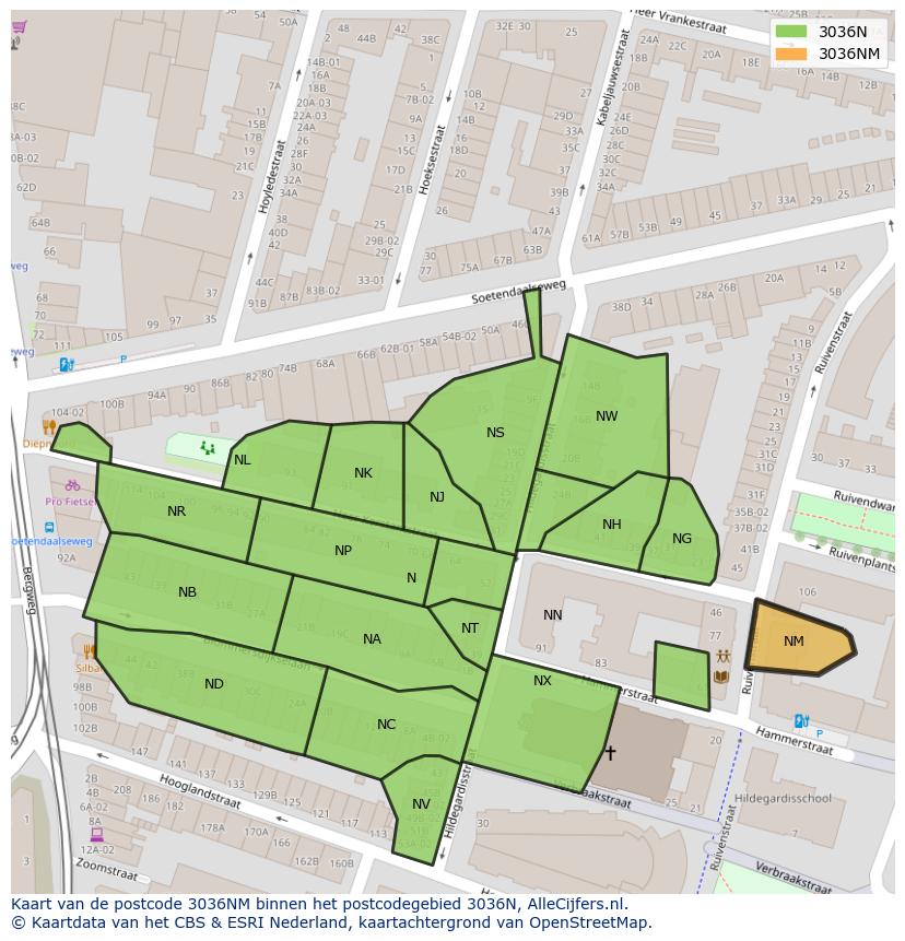 Afbeelding van het postcodegebied 3036 NM op de kaart.