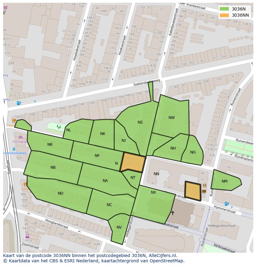 Afbeelding van het postcodegebied 3036 NN op de kaart.