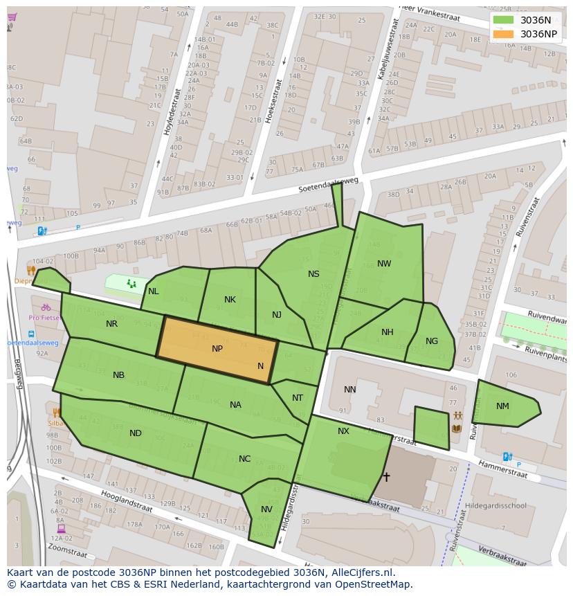 Afbeelding van het postcodegebied 3036 NP op de kaart.