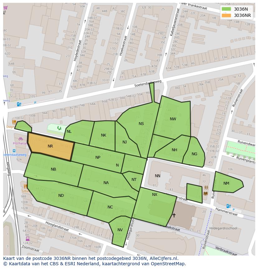 Afbeelding van het postcodegebied 3036 NR op de kaart.