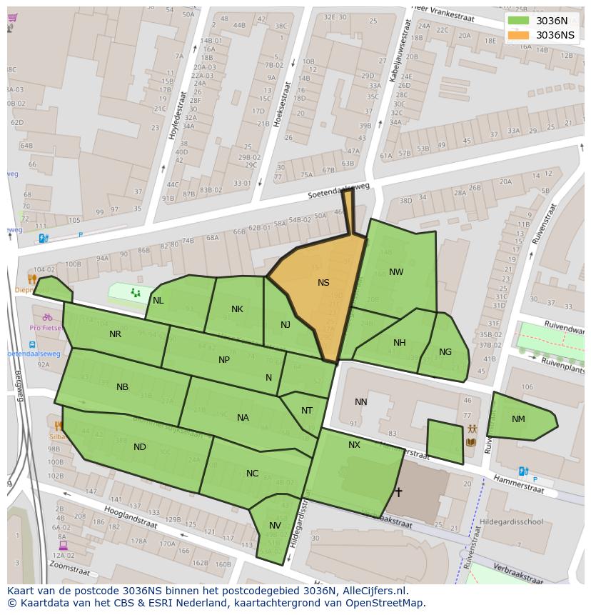Afbeelding van het postcodegebied 3036 NS op de kaart.